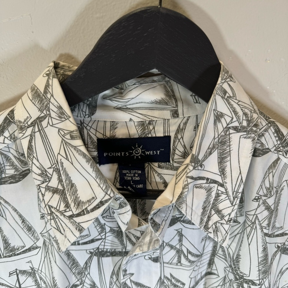 vintage men sailboat print buttondown shirt white gray nautical 100%cotton large - Picture 3 of 13
